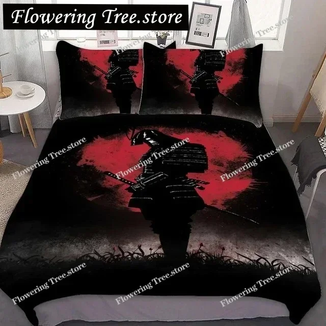 Japanese Black White Ink Style Samurai Sword Red Sakura 3D Duvet Cover Set Queen Size Bushido Culture Bedding Set Comforter Set