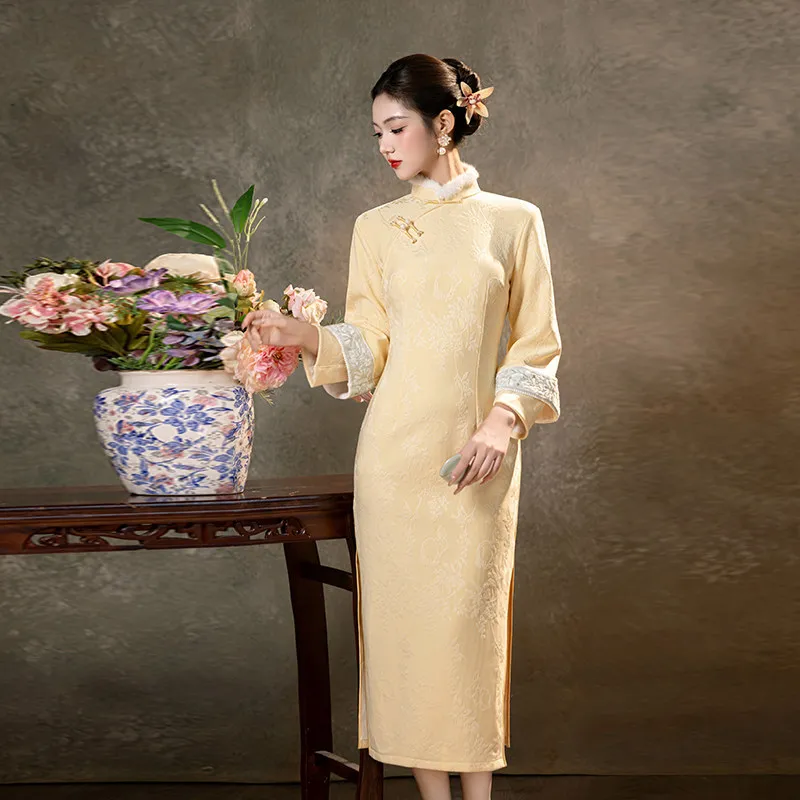 Yellow New Chinese Suzhou Long sleeved Cheongsam Winter Thick Improvement for Young Women High end Daily Qipao Dress