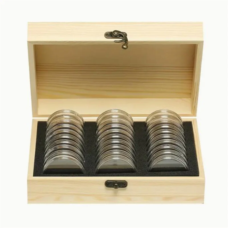 30PCS Coin Storage Box With Adjustment Pad Adjustable Wooden Commemorative Coin Protect Collection Case Holder Capsules