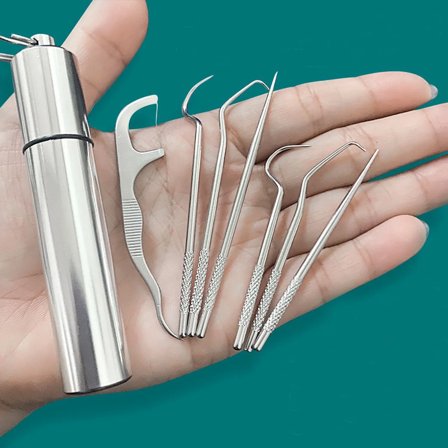 7pcs/set Portable Stainless Steel Toothpicks Set with Holder Dental Floss Needle Reusable Pocket Oral Care Cleaning Kit
