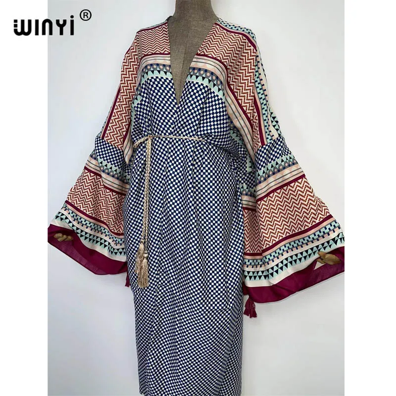 2022 WINYI beach cover up sweet lady pink boho Cardigan Beach Wear Swim Suit sexy Boho Maxi Holiday long Sleeve KIMONO