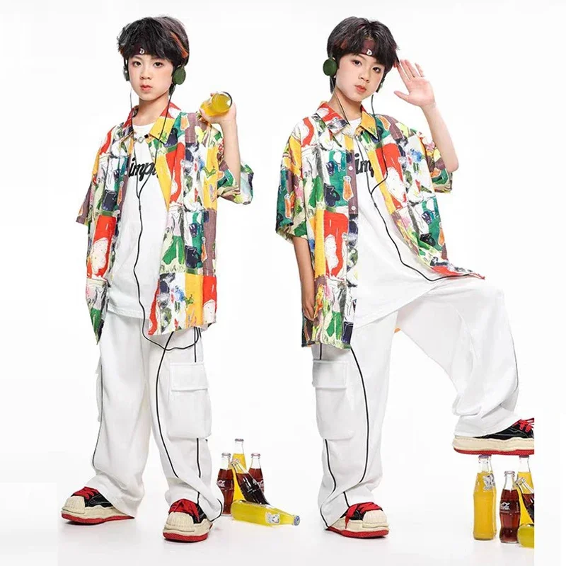 2024 New Children's Street Dance Trendy Clothing Boys Shirt Set Hiphop Loose Trendy Performance Outfits Catwalk Show Wear XH816