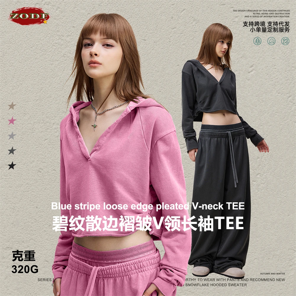 

ZODF 2025 Autumn Washed 320gsm Hooded Crop T Shirt For Women Ladies Girls Distressed Pleated V Neck Full Sleeve T-Shirts HY1154