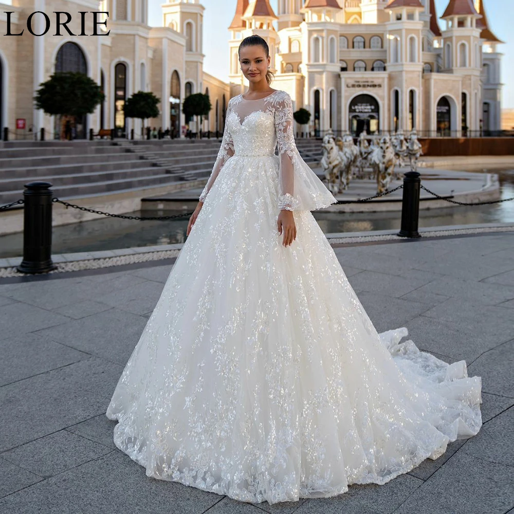 

LORIE Glitter BOHO Tulle Wedding Dresses O-Neck Long Sleeves A-Line 2024 Exquisite Lace Appliques Pleated Bridal Gown Customized