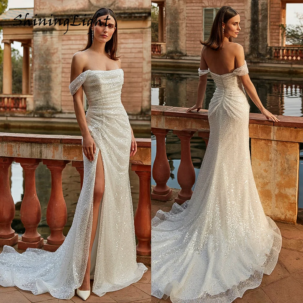 

ShiningLight Glitter Mermaid Wedding Dresses For Woman with Slit Off Shoulder Court Train Backless Luxury Bride Gown Customized