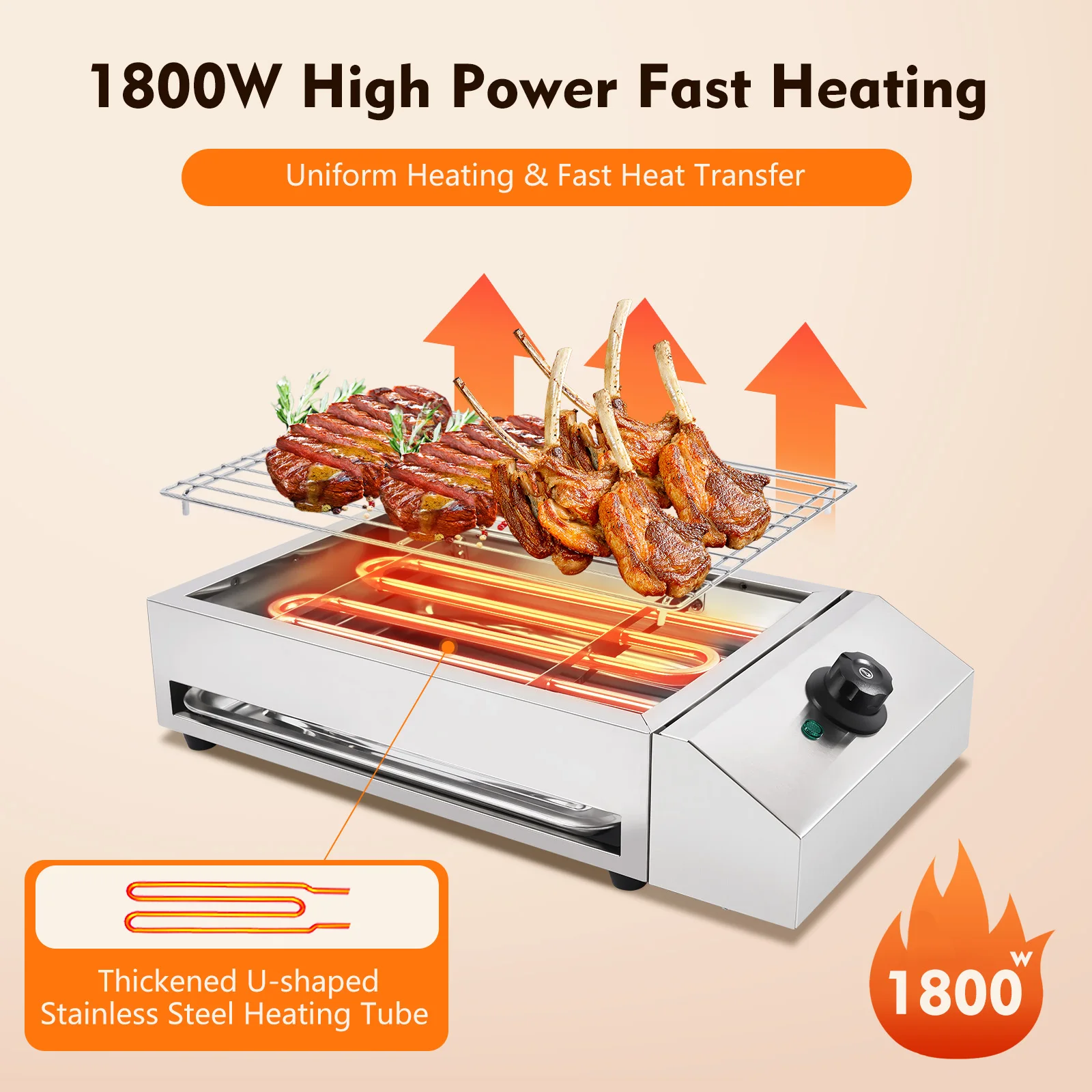 

1800W 110V Electric Grill 201 Stainless Steel 50 - 150℃ Adjustable Temp Silver Electroplated Ideal for Family Cooking