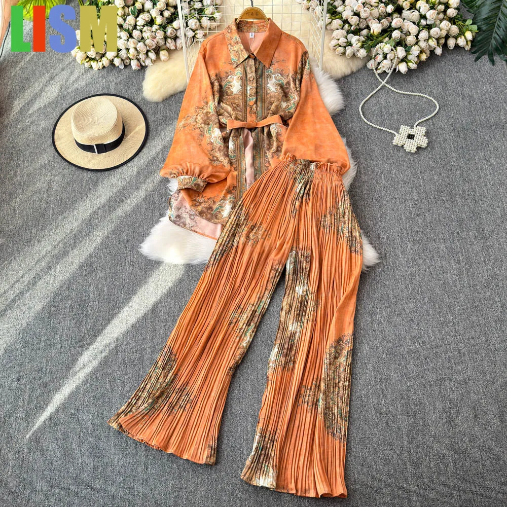 

LISM зимний женский наряд, свободная рубашка с рукавами-фонариками и принтом, повседневная плиссированная рубашка с высокой талией, укороченные широкие брюки, комплект из двух предметов