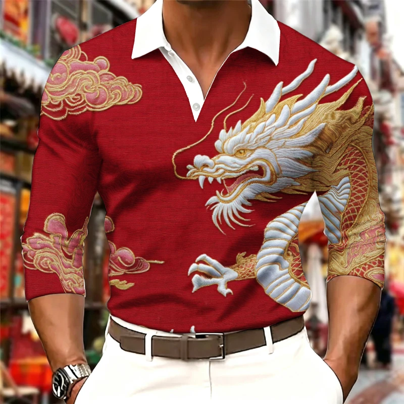 Men Contrast White Collar Long Sleeve Polo Shirt V Neck Button Chinese Dragon Ink Mountain Lotus Golden Landscape Print Slim Fit