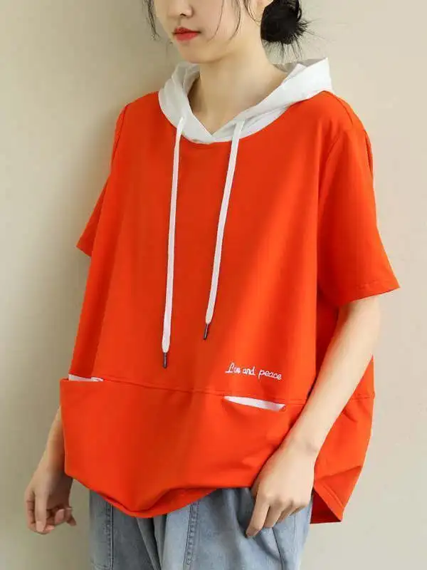 تي شيرت نسائي قطني فضفاض بأكمام قصيرة على الطراز الكوري، قلنسوة مرقعة بألوان متعددة، وصل حديثًا، بلوزة غير رسمية