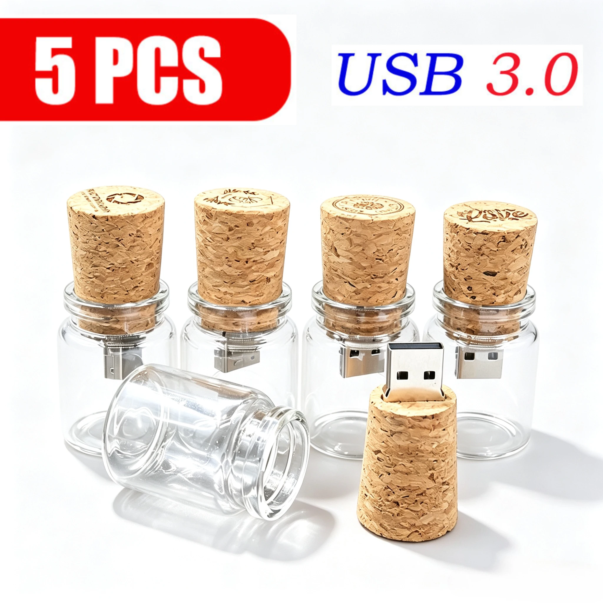 5PCS Glass Bottle USB 3.0 Flash Drives 128GB Pen Drive 64GB Free Custom Logo with Wooden Box 32GB Business Gift Memory Stick