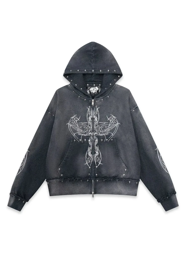 

Fashion Hoodie Autumn/Winter Retro Men's and Women's Hip Hop Printed Gothic Long Sleeve Cardigan Sweatshirt