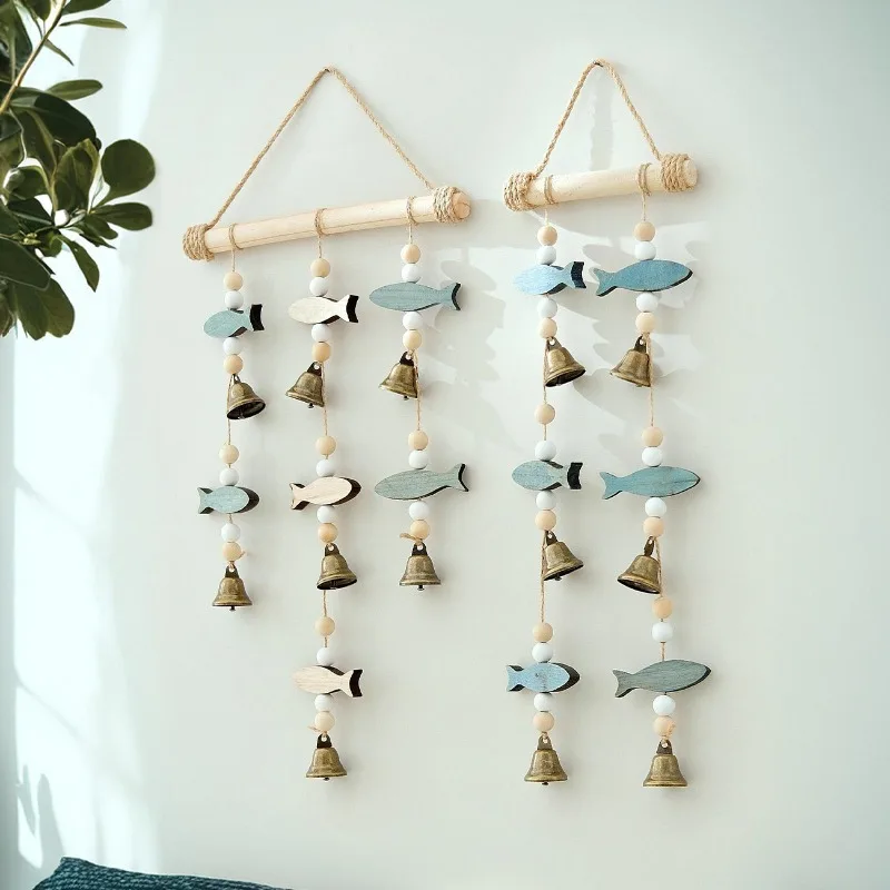 Mediterranean Style Double-Sided Fish Bell Wind Chime Wooden Wall Art Decor with Jute Rope Nordic Inspired Home Room Ornament