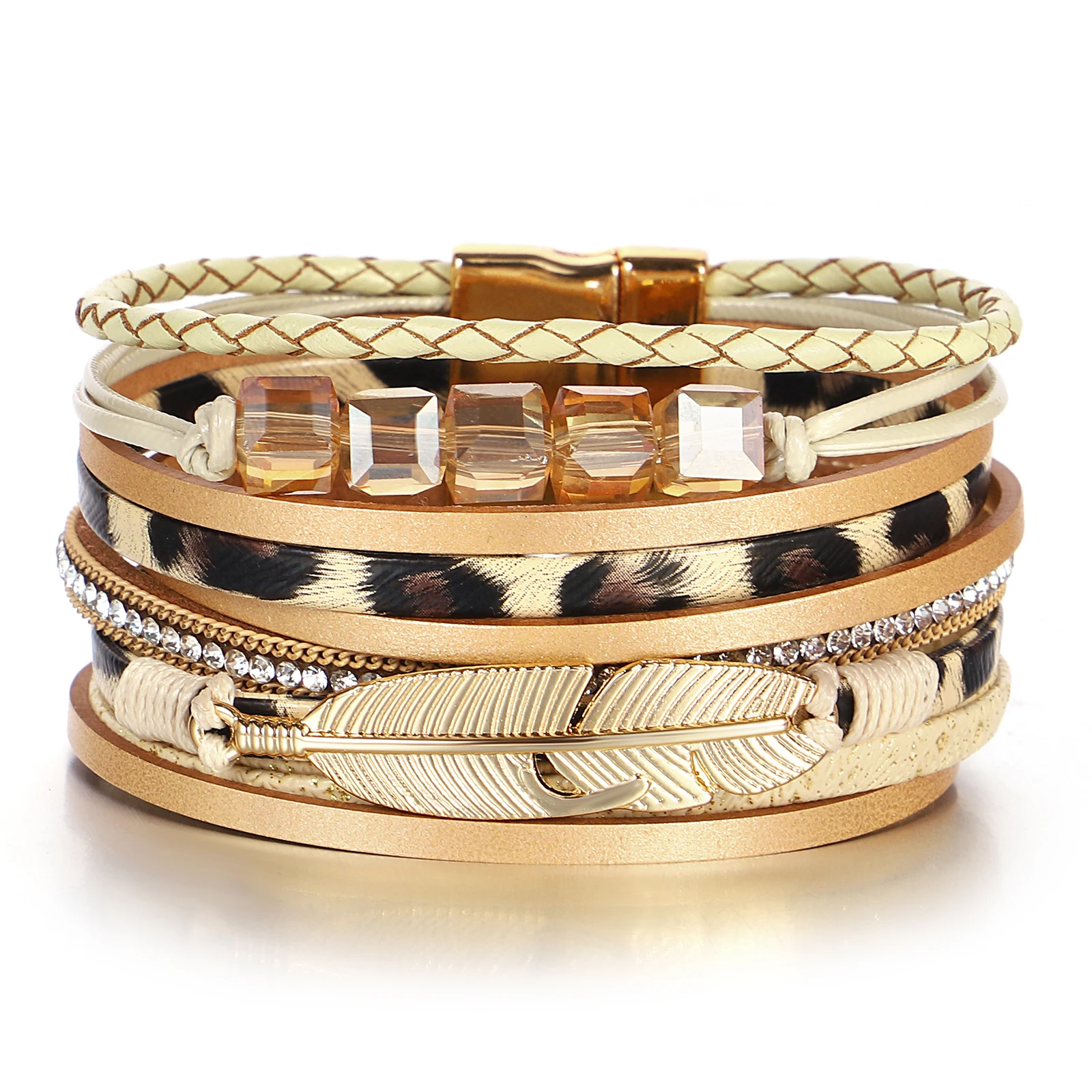 

Amorcome Fashion Leopard Print Metal Feather Leather Bracelet Women Multilayer Golden Stackable Bangle Exquisite Jewelry Gift