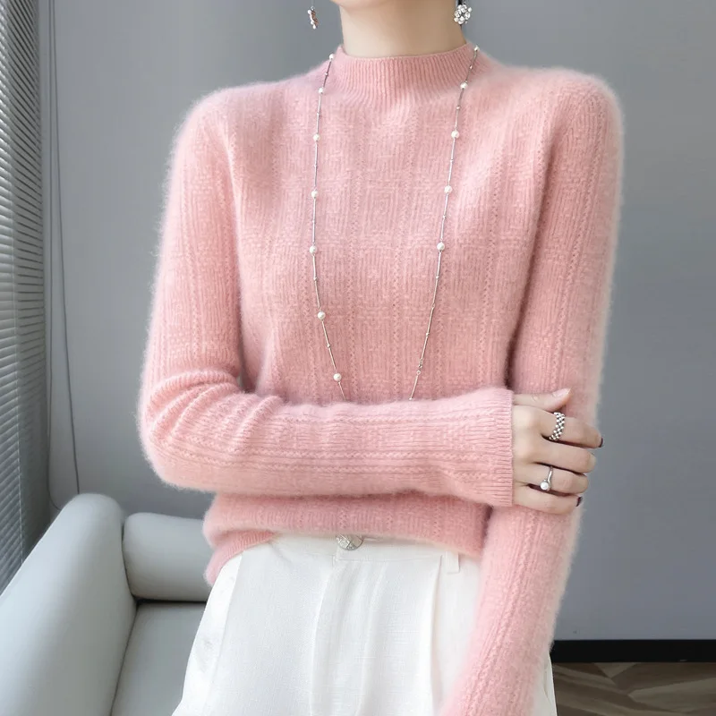 

Seamless Half High Neck Hollowed Out Wool Sweater Women's Long Sleeved Solid Color Jumper Winter Warm Cashmere Knit Pullover