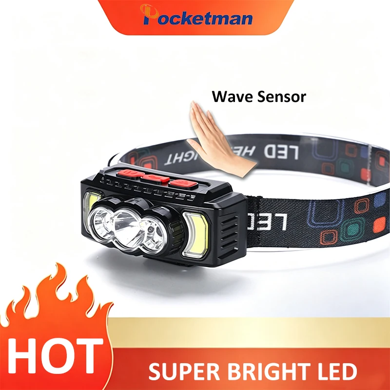 LED Motion Sensor Headlamp Rechargeable Super Bright 3-LED + COB Head Light with Multiple Modes Hands-Free Head Flashlight