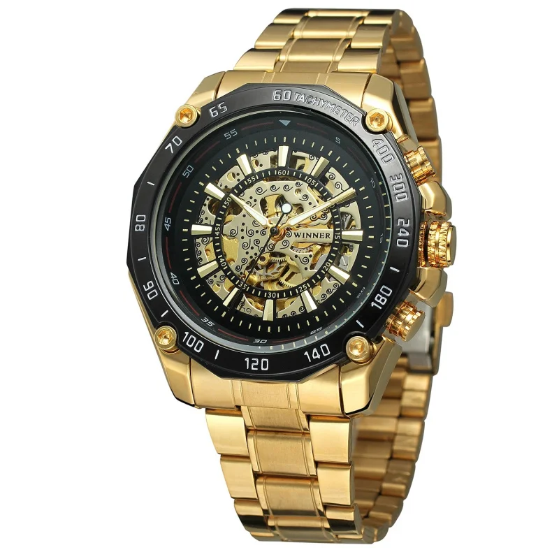 Free Shipping OUTLETSwinner European American Style Men's Fashion Casual Hollow Gold Large Dial Automatic Mechanical Watch