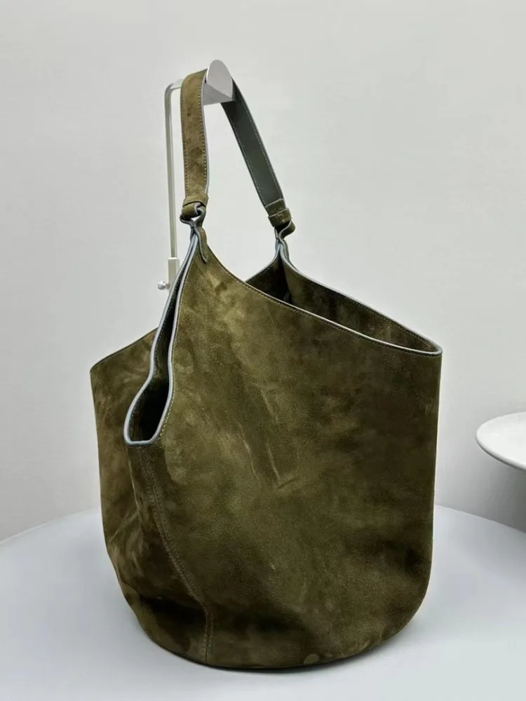 Women Casual Small Totes Handbag Vintage Solid Color Autumn Winter Cowhide Suede Leather Bucket Bag Ladies Single Shoulder Bags