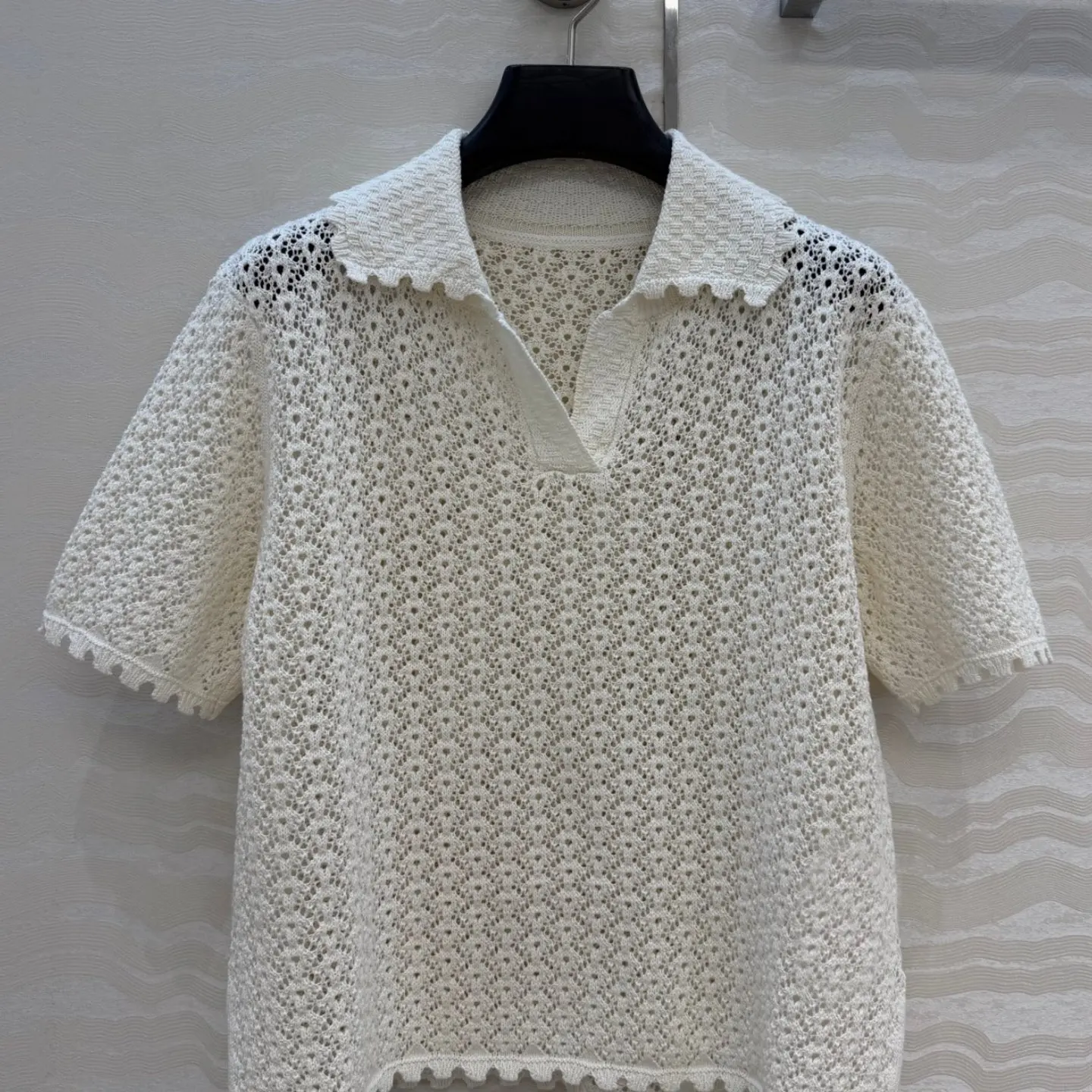 Polo Collar Hollow-out Short Sleeve Knit Top, New Summer Straight Pants & Mini Skirt Set