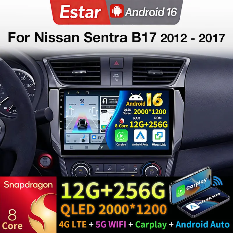 Radio para Auto Android 16 para Nissan Sentra B17 2012-2017, Reproductor Multimedia GPS, Unidad Principal Navi, Estéreo, Carplay Inalámbrico, Auto BT, QLED