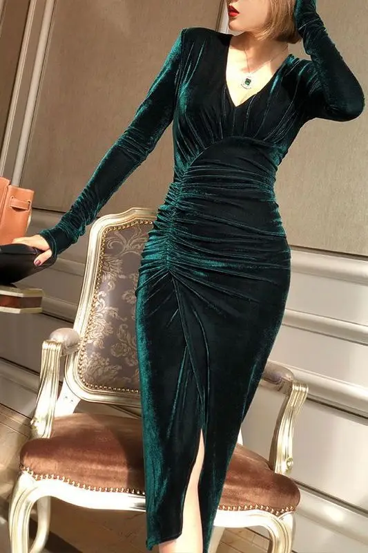 Herfst Winter Effen Kleur V-hals Jurk Slanke Lantaarn Mouw Gebreide Jurken voor Vrouwen Fashion Casual Vestidos Feestjurk TS357