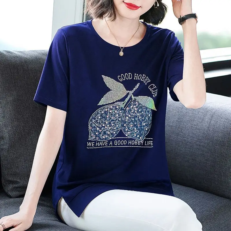 Fashion O-Neck Short Sleeve Sequined Diamonds Letter T-Shirts Women's Clothing 2024 Summer Loose Casual Tops Commuter Tee Shirt image 5