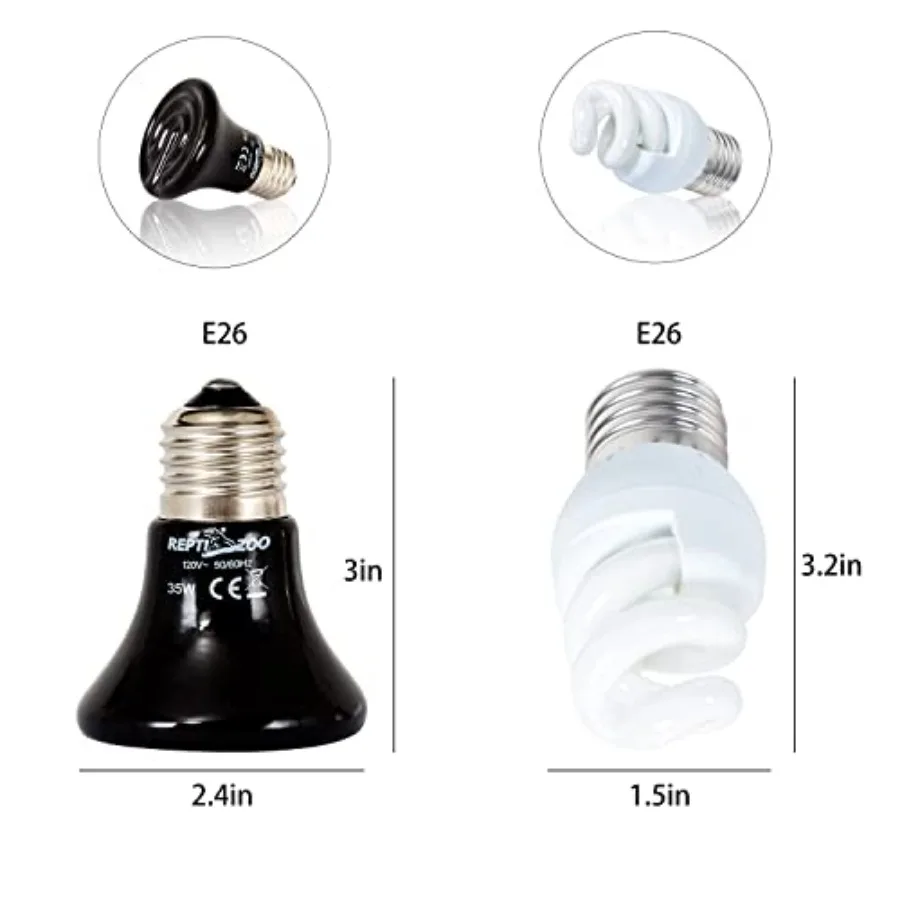 REPTI ZOO Dual Nano Dome Reptile Lamp Fixture Combo Pack Includes 5W Mini Fluorescent UVB Light Bulb and 35W Ceramic Heat Emitt