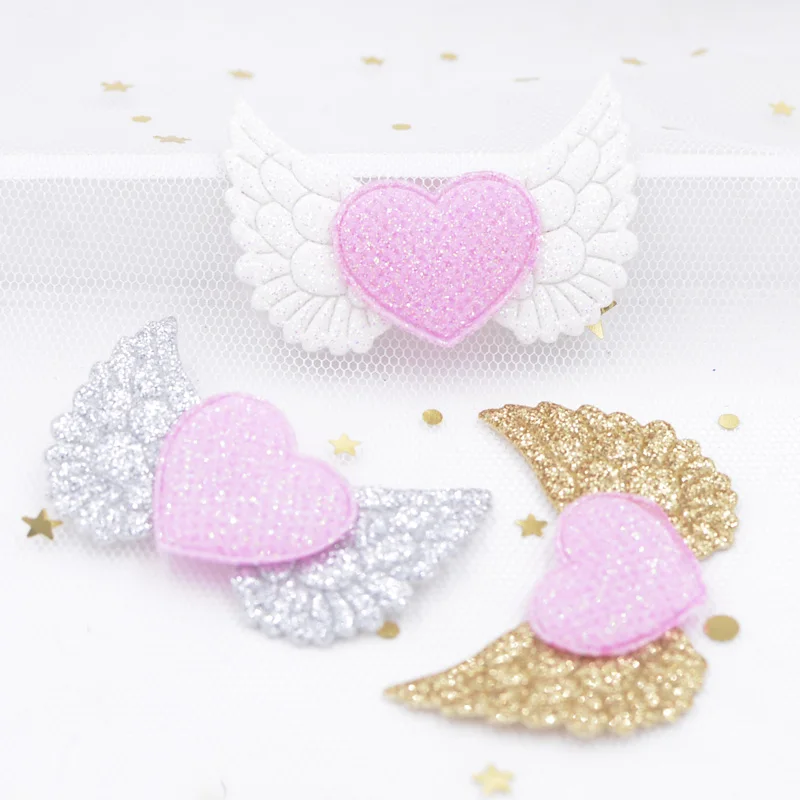 50*32mm Glitter Powders Angel Wing Stick-on Heart Appliques Cupid Wing Fairy Wing for DIY Clothes Hat Headwear Decor Patches