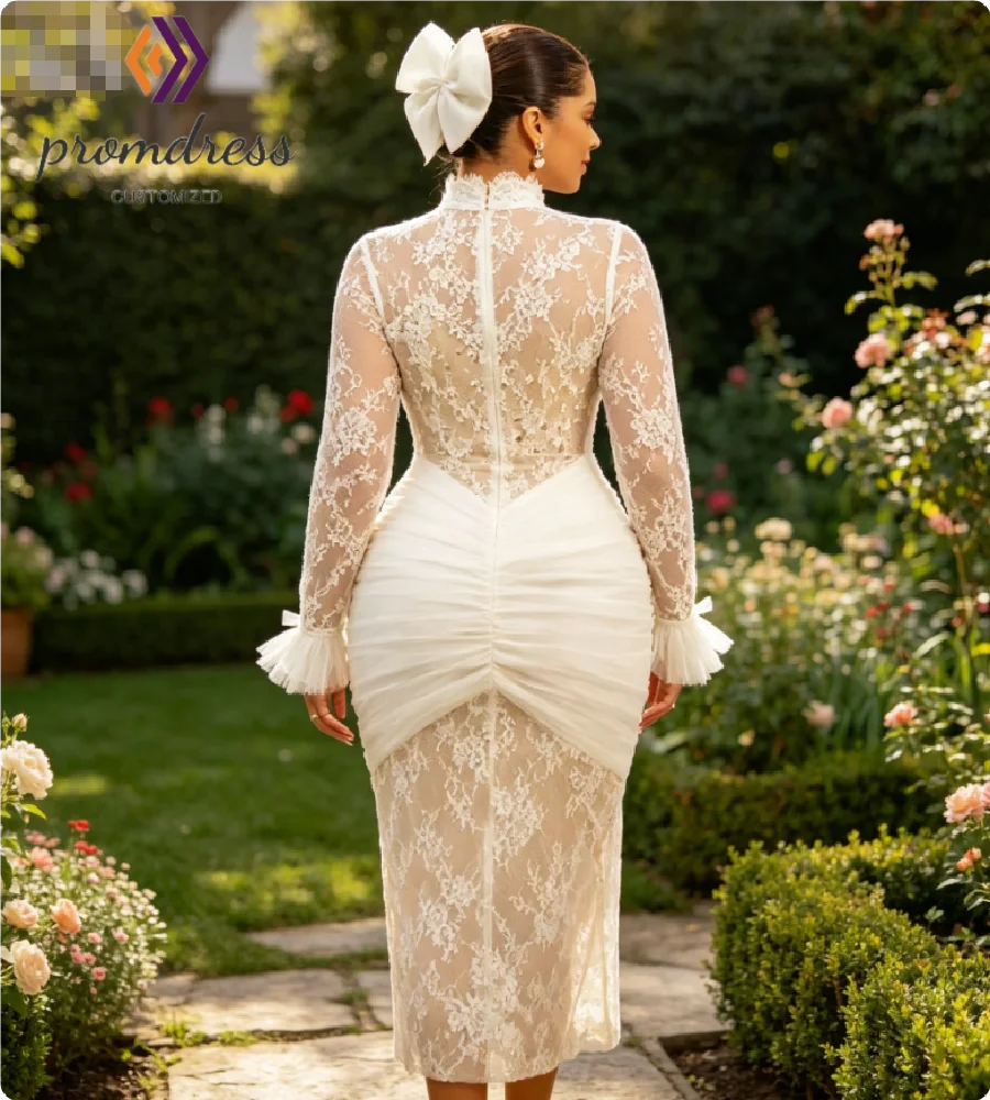Elegant Champagne Civil Wedding Dress For African Women Long Sleeve Lace Tea Length Short Plus Size Bridal Elopement Courthouse