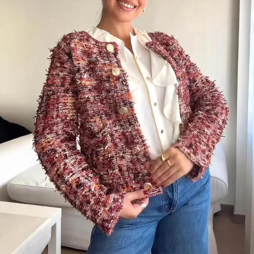 

Женская повседневная вязаная куртка с круглым вырезом и длинными рукавами на пуговицах, модная женская куртка в европейском и американском стиле