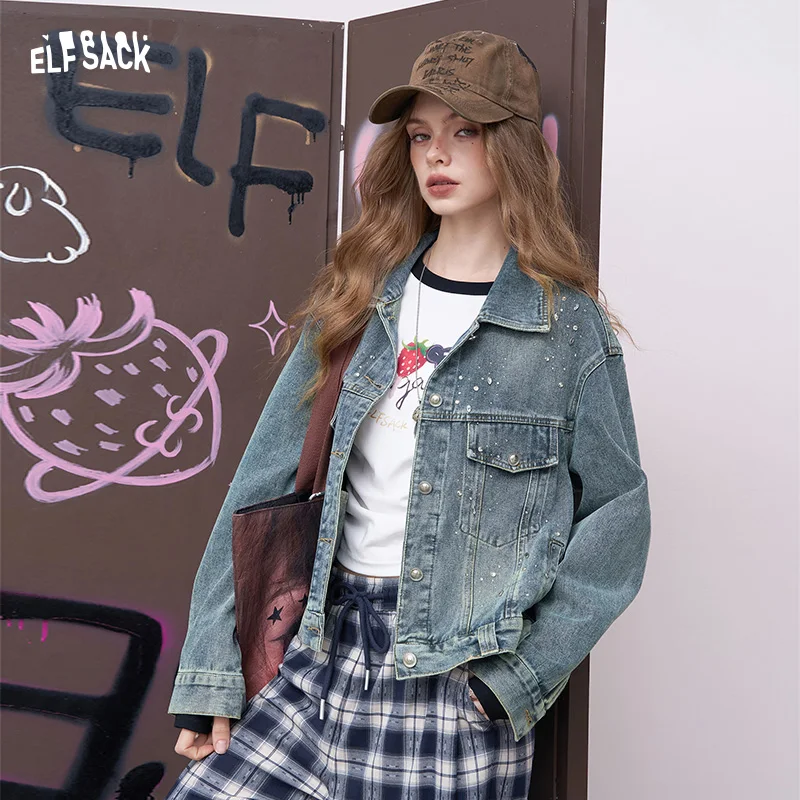 

ELFSACK 2025 Autumn New Arrival Casual Loose Denim Diamond Setting Solid Outwear Jackets For Woman