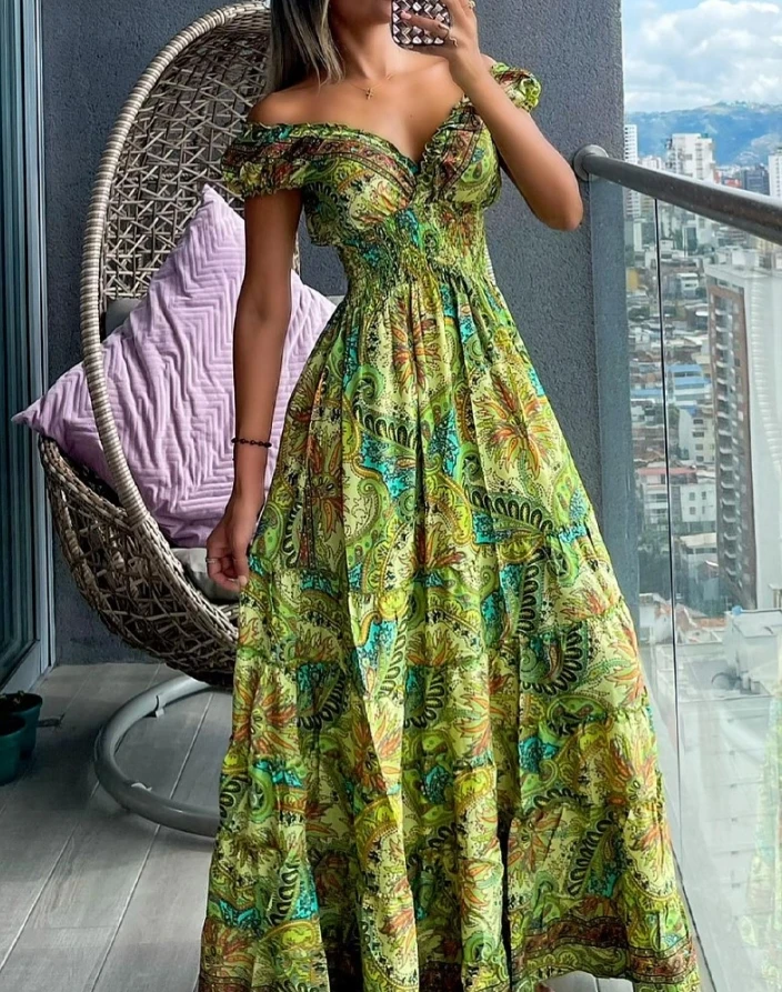 

Women's Maxi Dress 2024 New Summer Female High Waist Paisley Print Shirred Off Shoulder Short Sleeve Vacation A Line Dresses