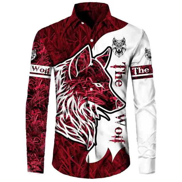 Animal lobo feroz padrão camisa 3d impressão casual camisa de manga longa masculina moda casual hip-hop roupas unissex