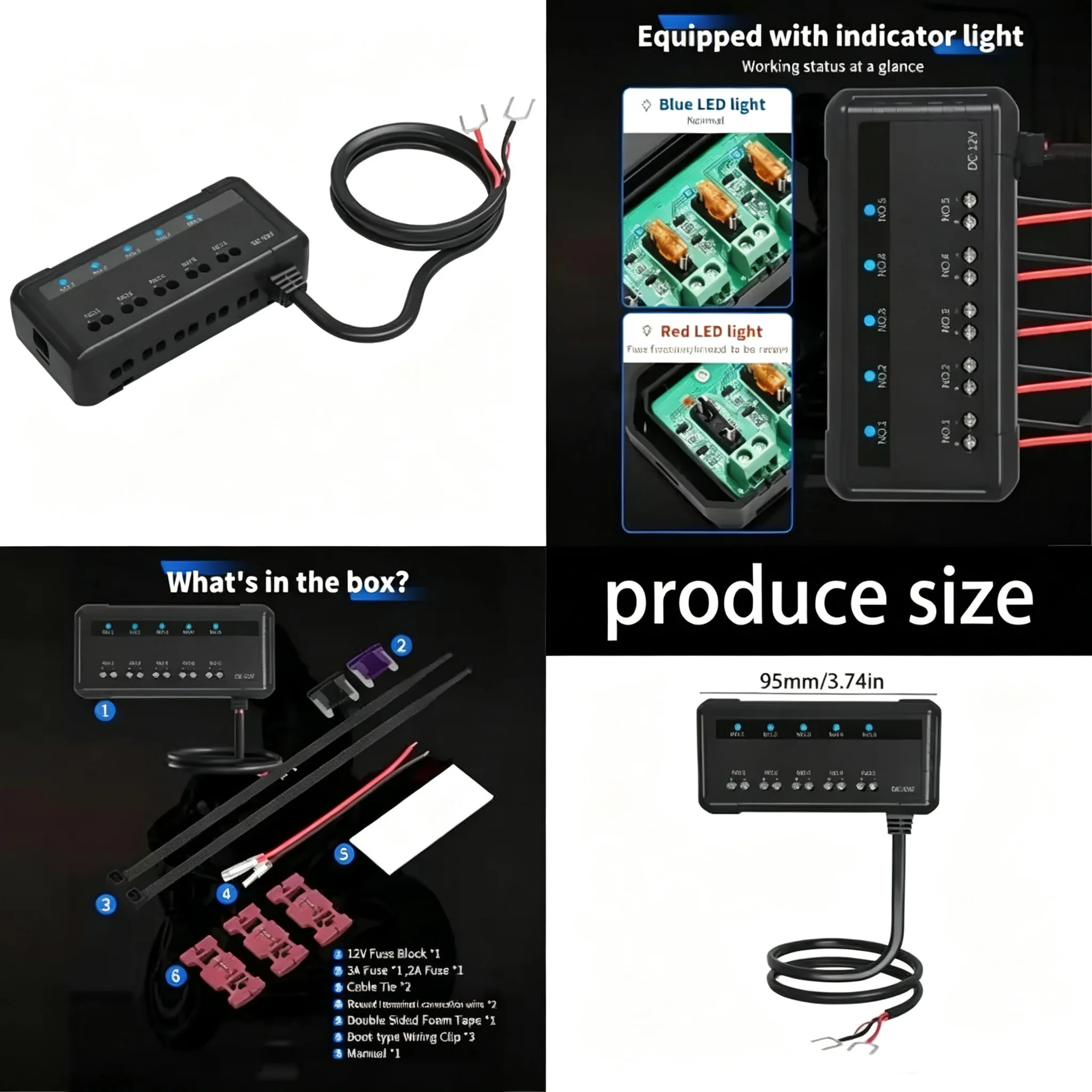 12V 20A 5-Way Motorcycle Wiring Fuse Box Low Profile Terminal Block with LED Indicator For Cars Motorbikes 12V electric vehicles