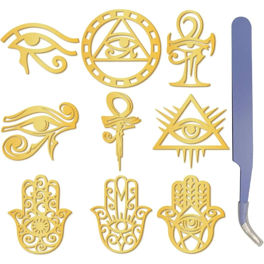 9Pcs Eye of Horus Stickers Gold Metal Stickers with Tweezer Orgonite Sticker Waterproof Self-Adhesive Nickel Decorate making kit