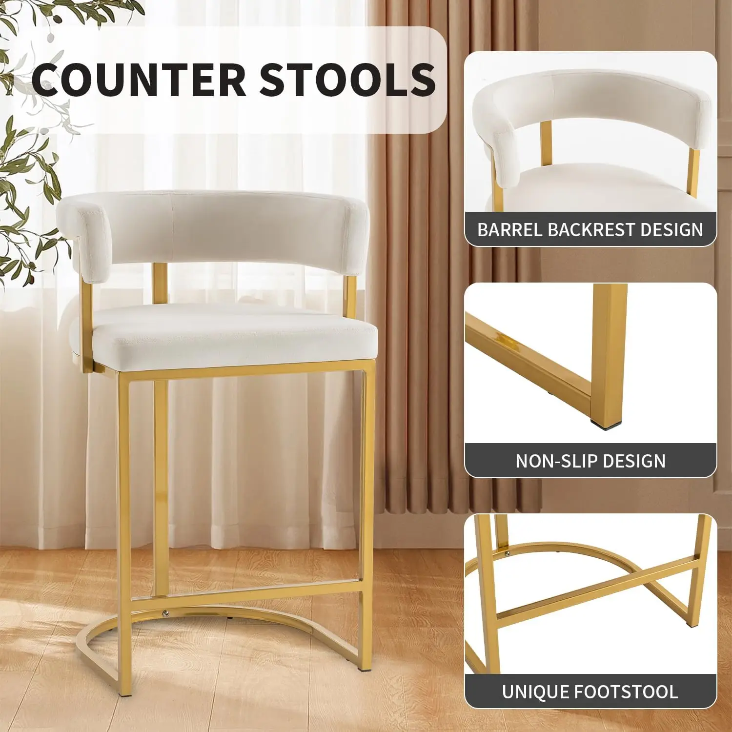 Modern Barrel Bar Stools com costas confortáveis, Velvet Counter Height, conjunto de 2, 25,6"