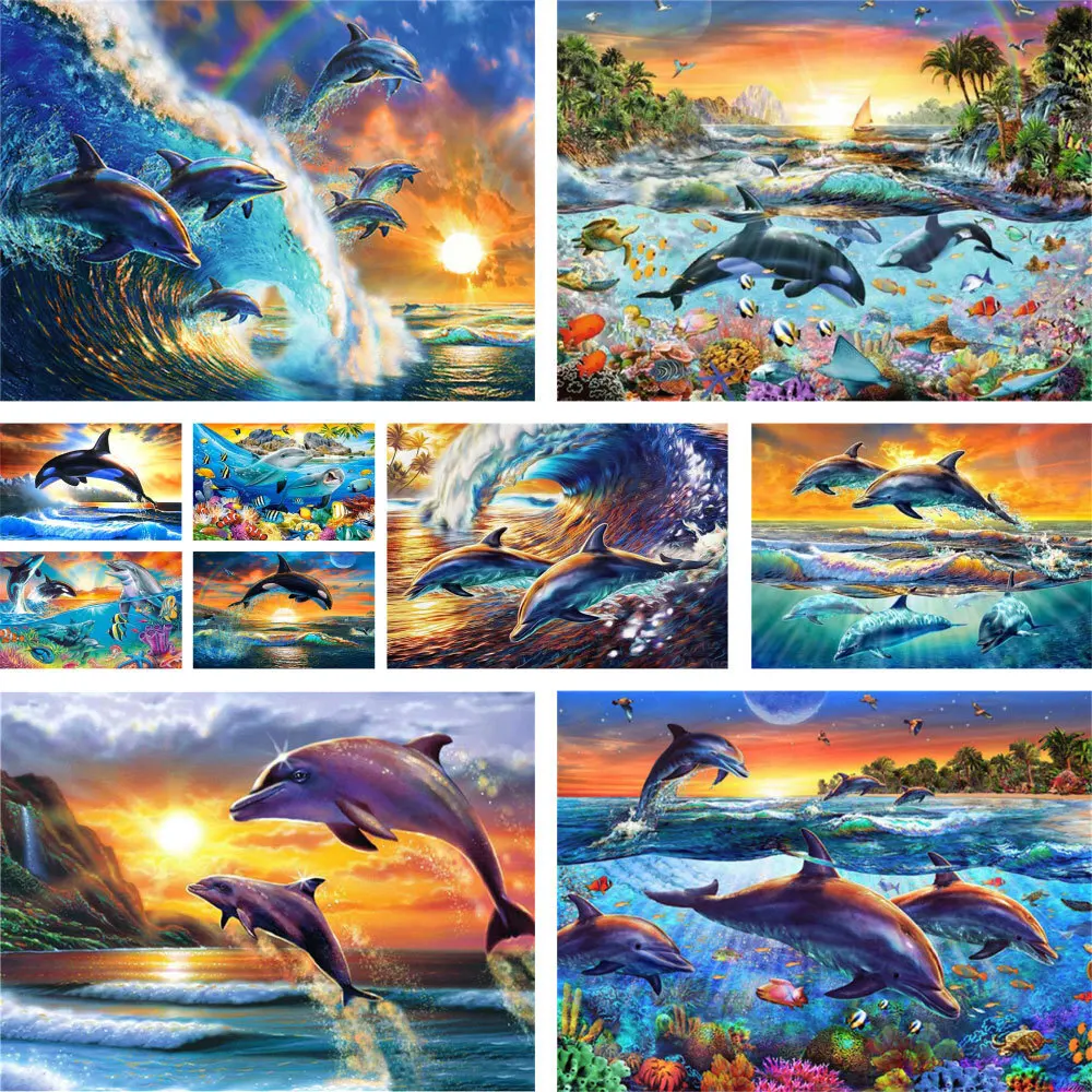 

Marine Animal Dolphins Pre-Printed Cross Stitch Complete Kit Embroidery Handmade Hobby Craft Needlework Gift Home Decor Stamped