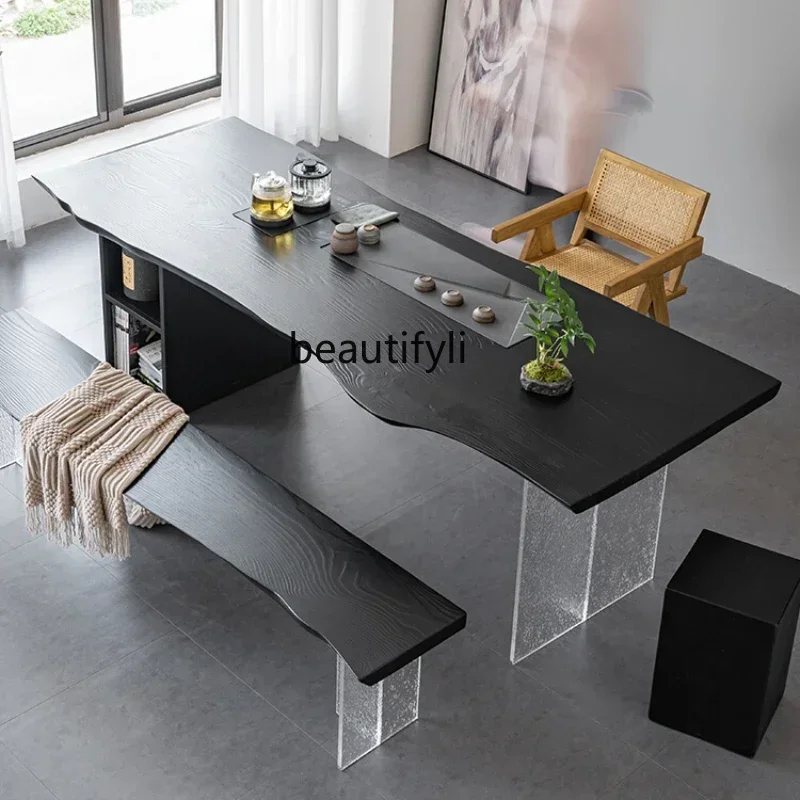 Black Solid Wood Tea Table  with Tea Tray Kettle Integrated Acrylic Table Log Tea Making Table