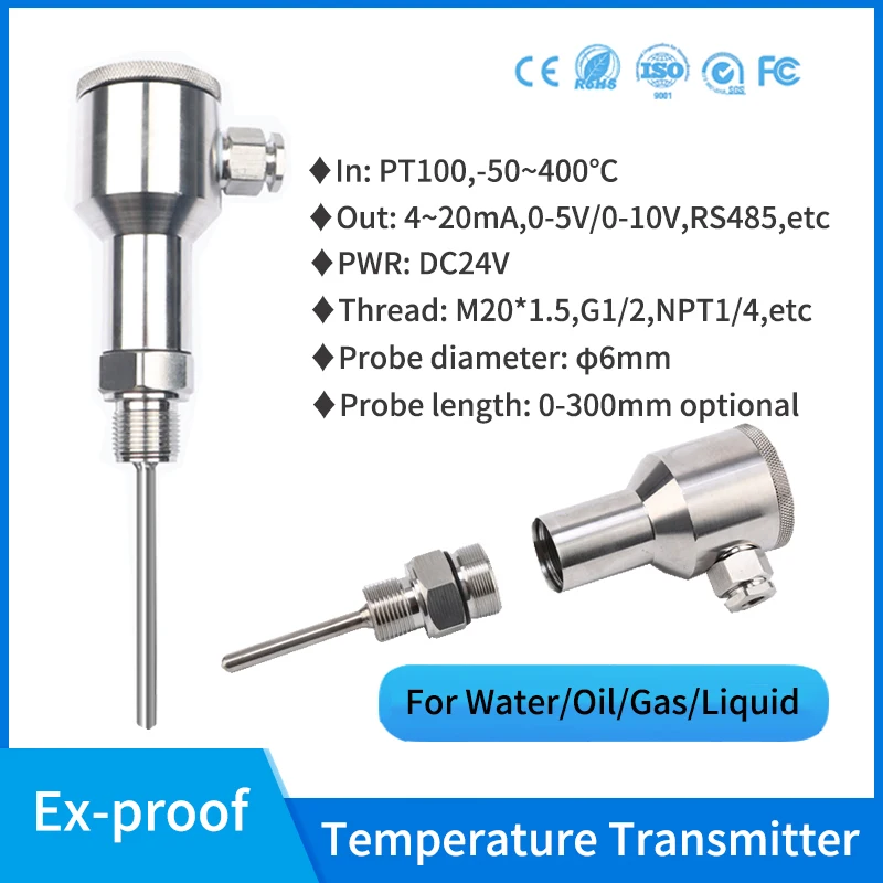 

Water Oil Gas 4-20ma pt100 Thermal Resistance High Temperature Transmitter Explosion-proof rs485 Chiller Temperature Sensor