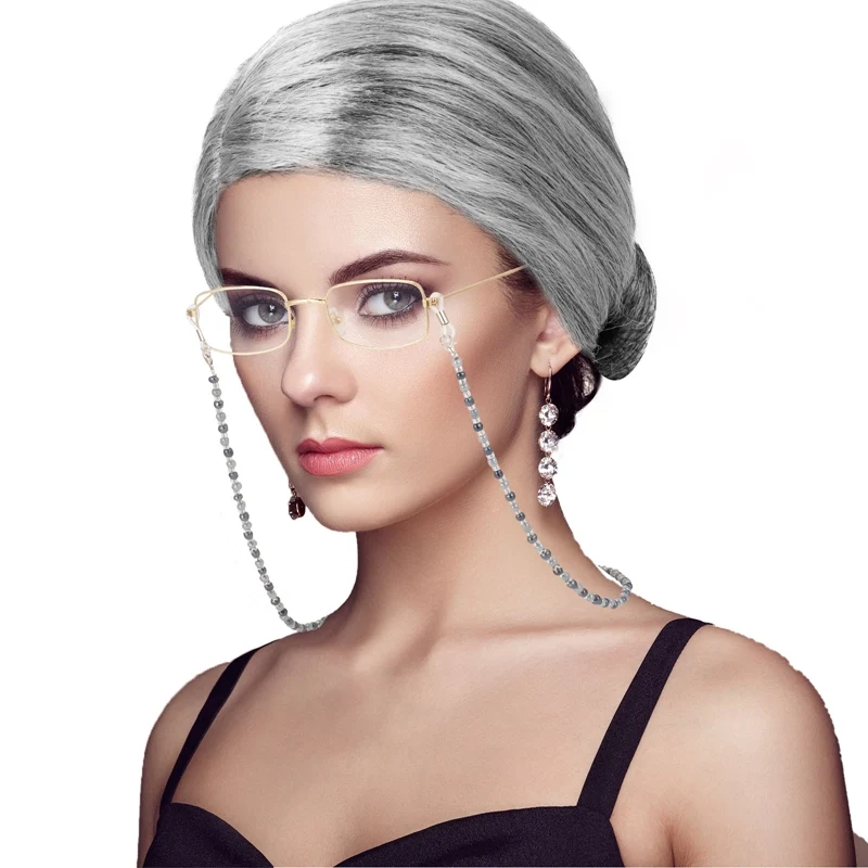 Cosplay Synthetic Old Lady Wigs and Glasses Set Breathable Head Cover Halloween Party Dress Up Grandma Wig Hat for Women