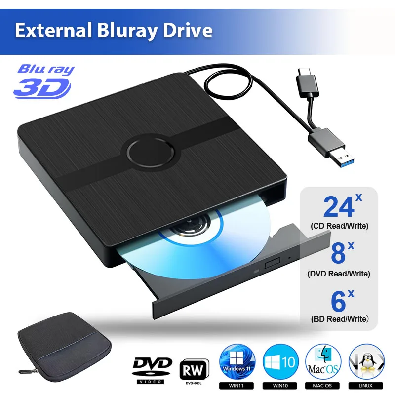 ไดรฟ์ Blu ray ภายนอกสําหรับแล็ปท็อปพีซีแบบพกพา BD CD DVD Player Burner Writer Reader สําหรับ Windows 11 10 Mac