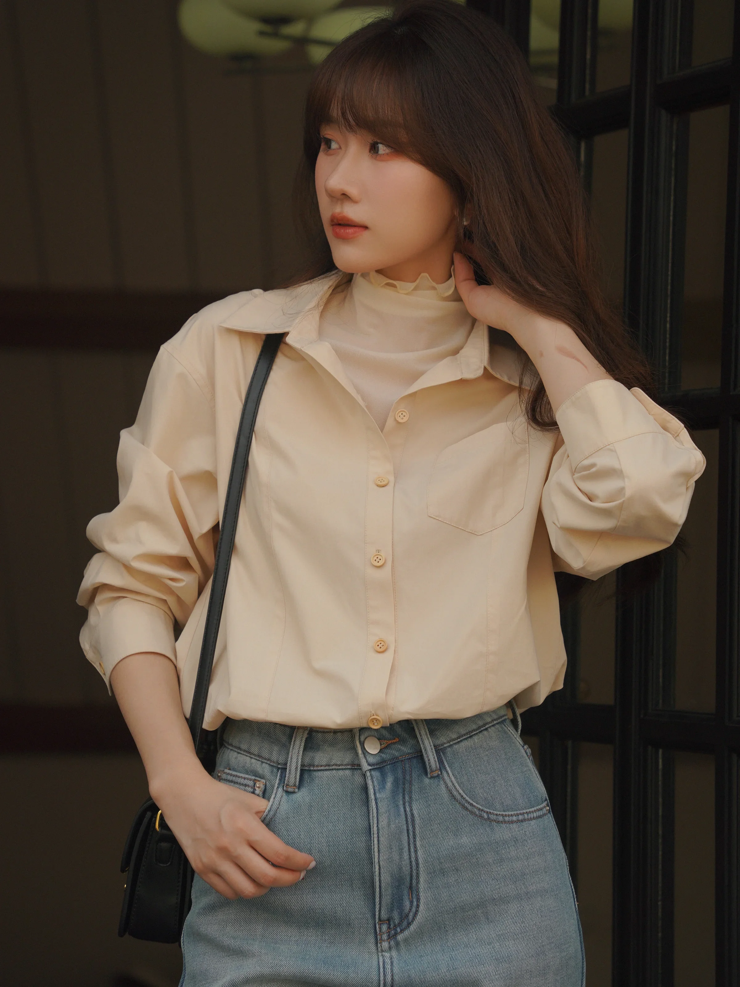 Vintage gelaagd shirt dames gegolfde nephals binnenlaag ontwerp lange mouw losse pasvorm blouse herfst kantoor casual dagelijkse outfit