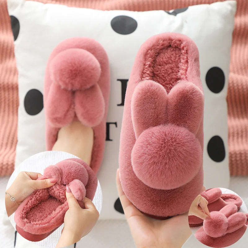 

Cotton Slippers for Women with Rabbit Design Thick Soled Cold Proof Warm Indoor House Shoes Non Slip Comfort