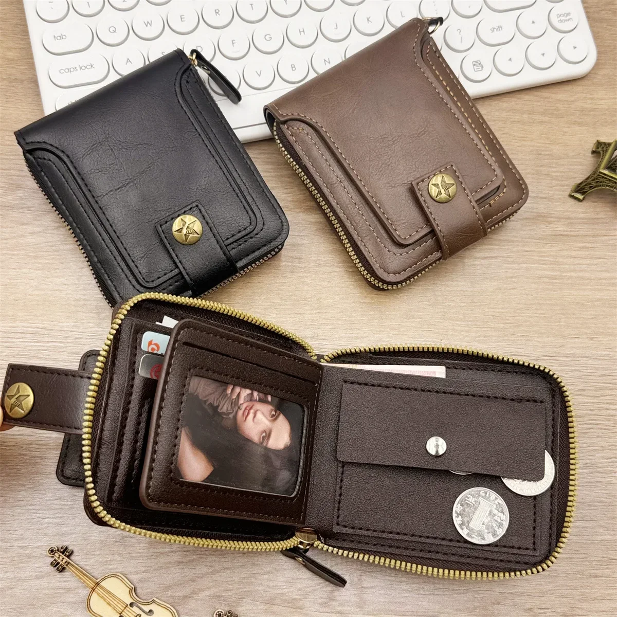 

Vintage Men's Wallet PU Leather Short Purse Men Hasp Zipper Clutch Solid Color Wallets High Quality Durable Convenient Wallets