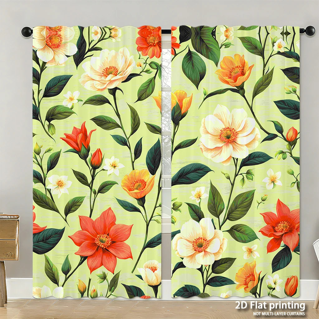 

2-piece set of high-definition digital printed curtainsFloralPattern GreenBackground OrangeRedYellowFlowers GreenLeavesHome deco
