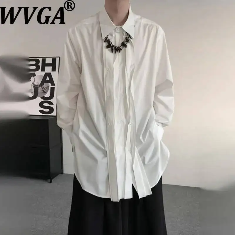 

WVGA Spring Autumn New Men Dark Style Oversized Ribbons Ruffled Trendy Long Sleeved Shirt Niche Turn-Down Collar Tops Ins W23922