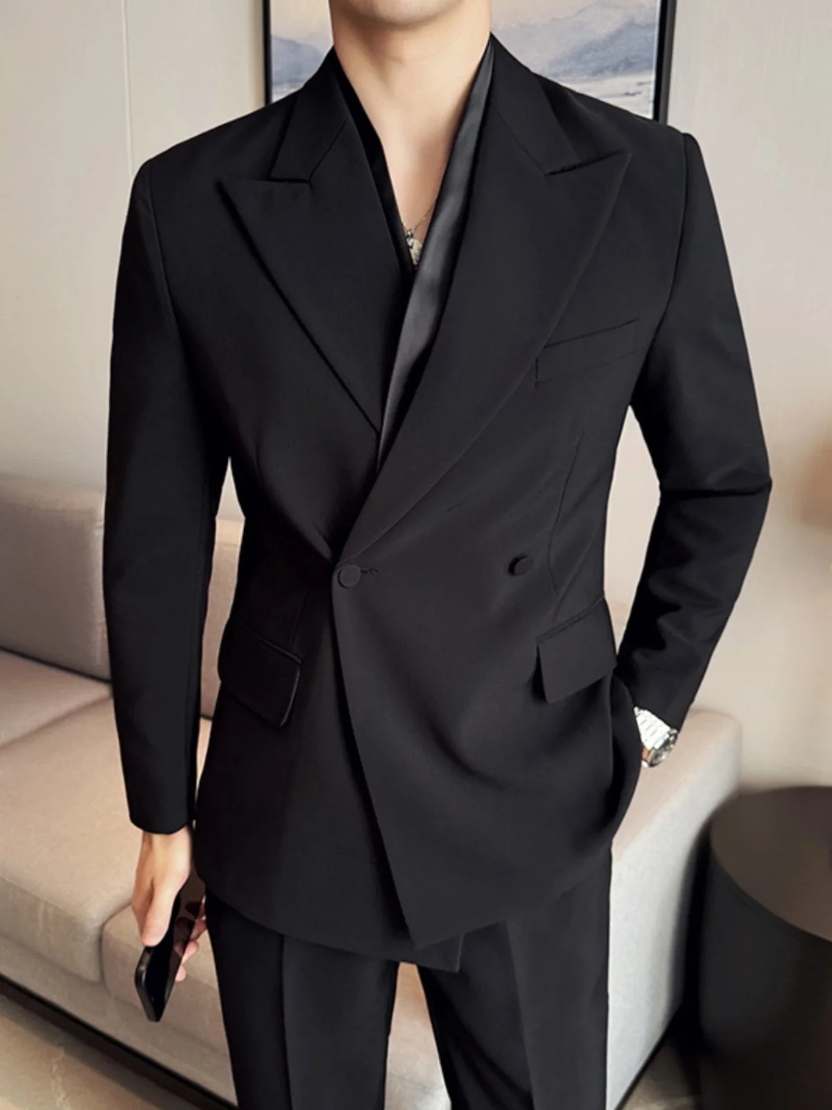 Men's Business Suit Men's Slim-Fit Light Luxury Casual Long Sleeve Suit Jacket Handsome Trousers  Solid Color Two-Piece Suit