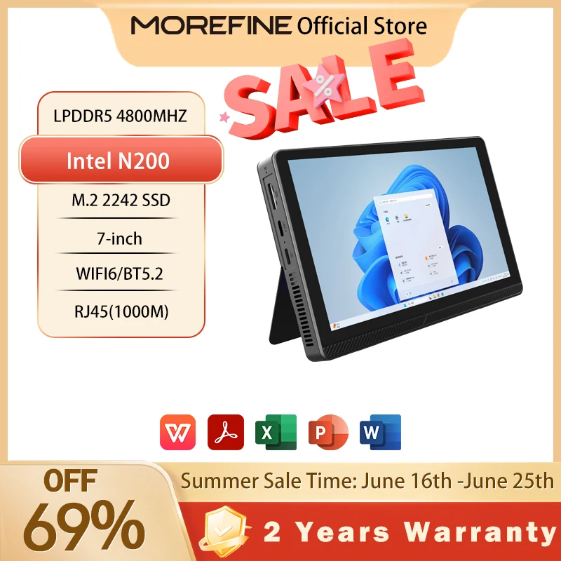 Morefine Mini Tablet Touch Screen, Desktop Host, Intel N200, 7 ", Windows 11, WiFi 6, BT5.2, 16GB, 512G, 4K, 3400mAh, 12ª Geração
