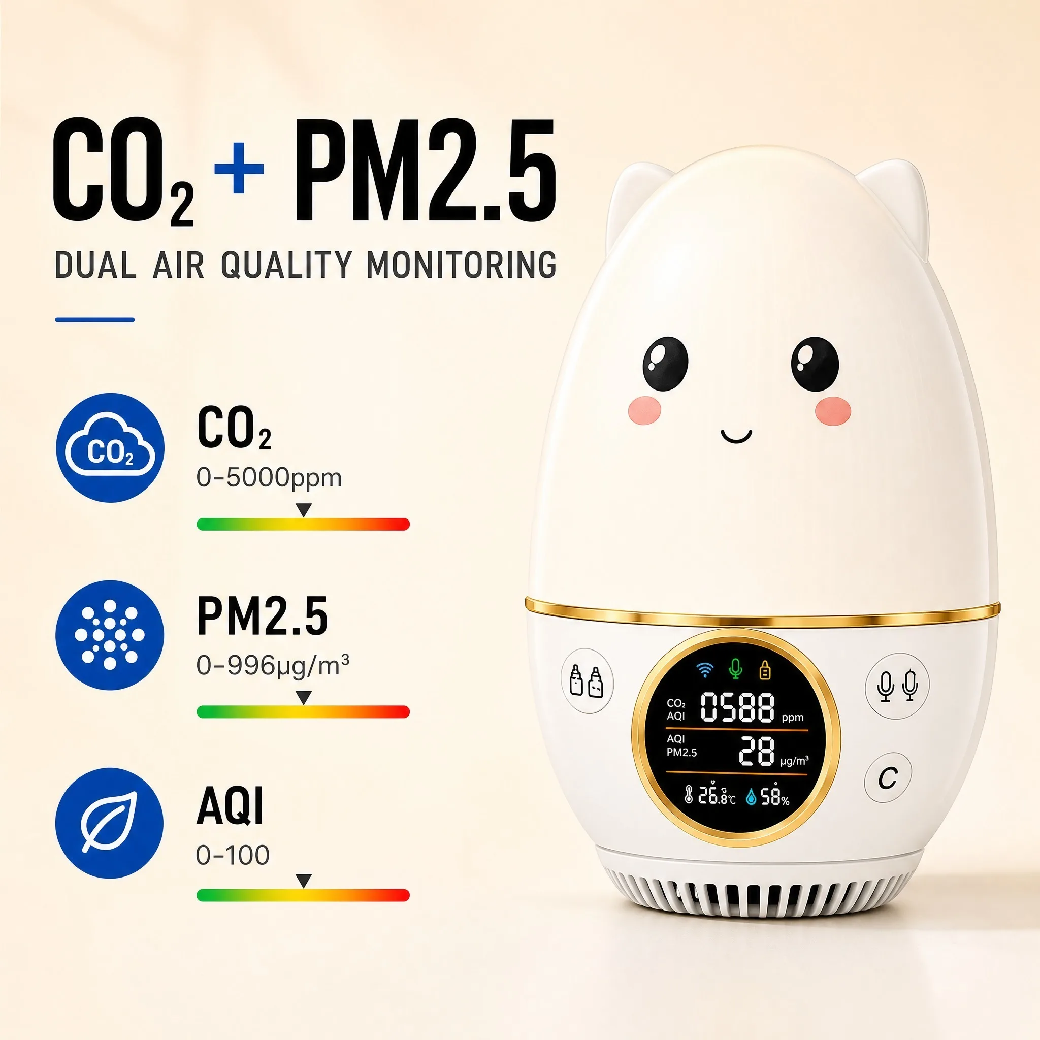 4-in-1 Air Quality Monitor NDIR CO2 0-5000ppm PM2.5 Temp Humidity Tester Tuya WiFi APP for Home Office Nursery Classroom