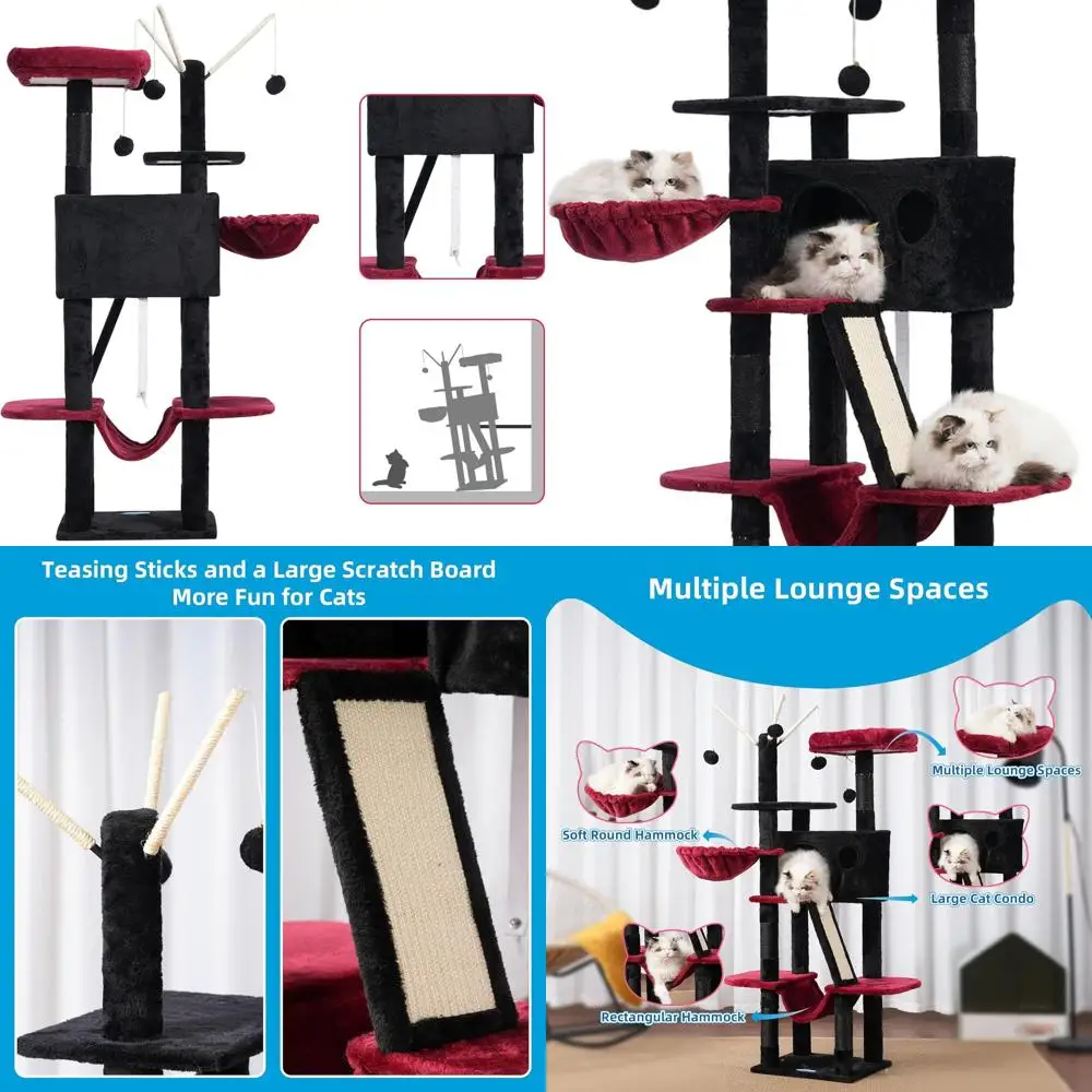 

53 Indoor Cat Tower with Padded Bed, Toys, Cozy Condo, Hammocks & Scratching Posts, Black & Red