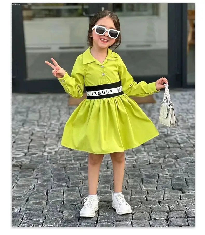 

2025 New Letter Elastic Patchwork Big Swing Shirtskirt Ins Children's Dress for Girls for Girls 90-140cm